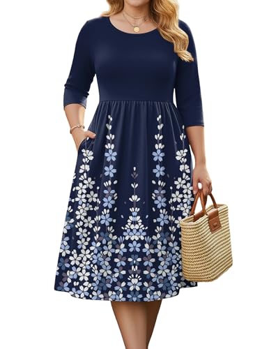 IN'VOLAND Plus Size Womens Spring 3/4 Sleeve Swing Dress Casual Flowy Summer Midi Beach Dresses with Pockets Navy Blue Floral