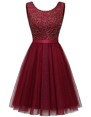 BeryLove Women Sequin Short Cocktail Dress for Teen Homecoming Burgundy M