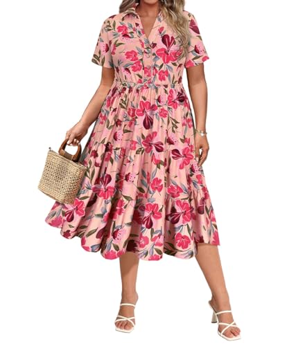 CARCOS Plus Size Dresses for Curvy Women 4X Pink Floral Short Sleeve Ruffle Dresses Elegant Collared Vneck Summer Dress with Pocket Midi Hawaii Beach Button Up Wedding Guest Fall Dress 4X 24W 26W