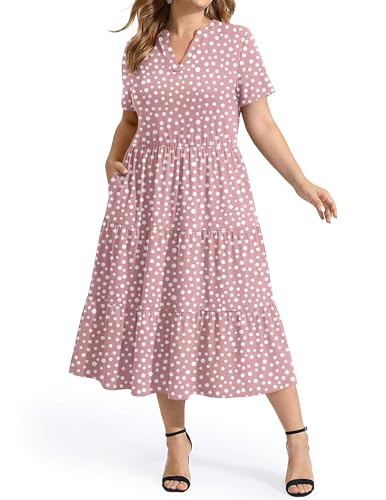 IN'VOLAND Dresses for Women Plus Size Summer Short Sleeve Pink Dot