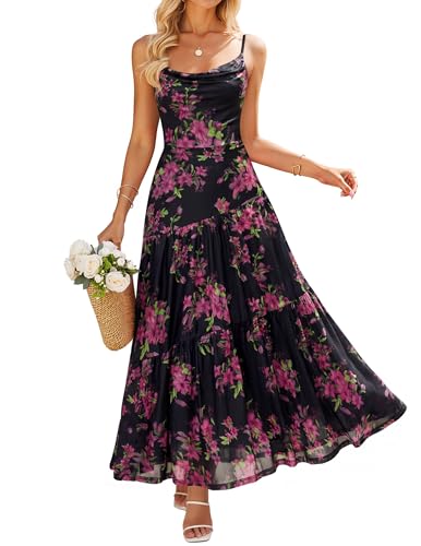 ZESICA Women's Summer Mesh Floral Sleeveless Wedding Guest Dress Black S