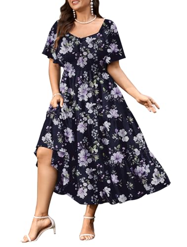 SCOMCHIC Women's Plus Size Flowy Boho Maxi Casual Dress Floral Purple
