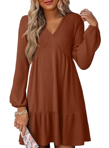 Dokotoo Wedding Guest Dresses for Women Long Sleeve V Neck Ribbed Knit Empire Waist Ruffle Tiered Casual Flowy A Line Swing Mini Holiday Party Dress Fall Outfits Fashion Clothing 2026 Brown Medium