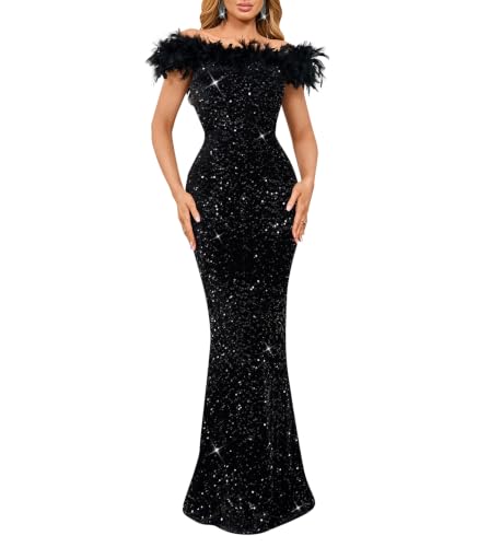 Cololura Women Elegant Sexy Sequin Off Shoulder Feather Mermaid Bodycon Cocktail Evening Party Maxi Dress Black
