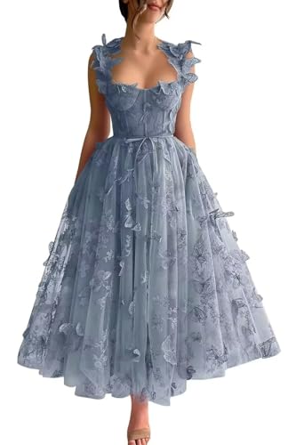 Tulle Floral Prom Dresses for Women 2025 Butterfly Spaghetti Strap Fairy Princess Dress Ball Gown for Teens Dusty Blue US 0