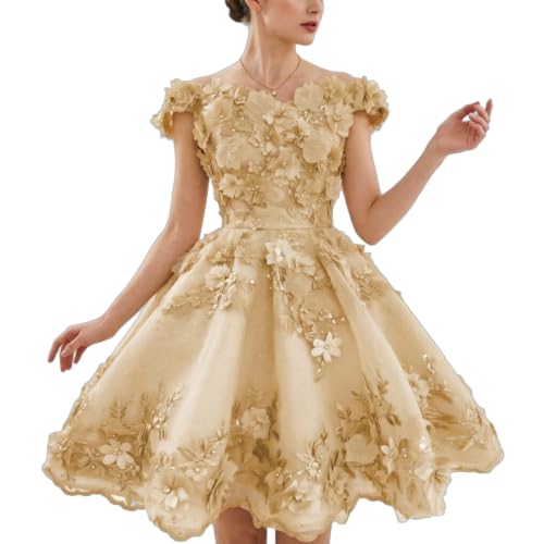 Women's Off the Shoulder Homecoming Dress with 3D Flower, Beaded Lace Short Prom Gown, Floral Puffy Quinceanera for Girls Champagne 0