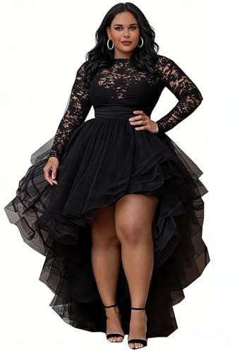 Ball Gown Prom Queen Evening Dresses Formal Gowns Jewel Sheer Neck with Long Sleeve High Low Designer Gothic Black Ruffle Skirt Tulle Satin Flower Lace HOCO Y2K Adult Teen Girls 24