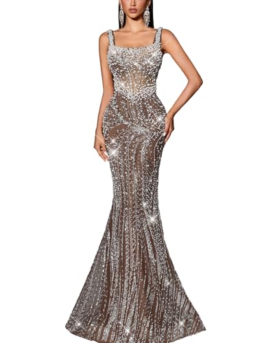 VOUIAO Women Beaded Mermaid Prom Dress Sequin Formal Evening Gown Brown XS
