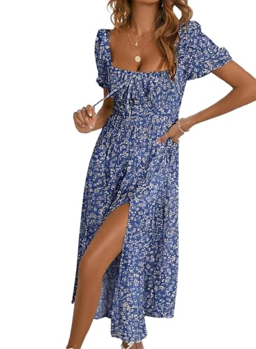 BLENCOT Womens Summer Boho Tie Front Ruched Casual Floral Dress P520 L