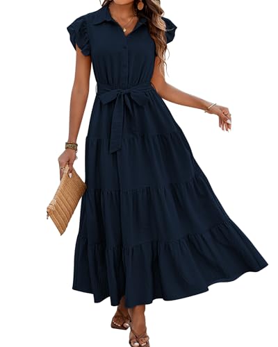 dowerme Women Ruffle Sleeve Button Belted Boho Maxi Dress,Navy,L
