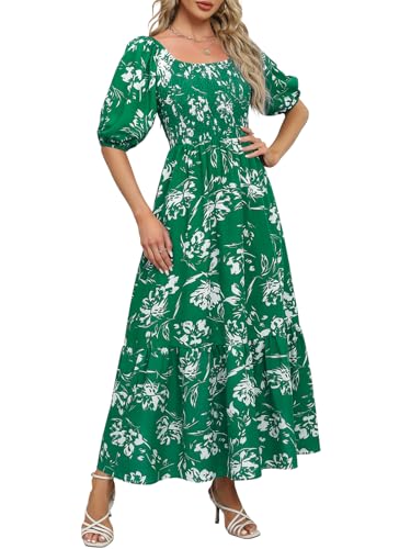 Lyrur Maxi Dresses for Women 2026 Puff Sleeve Square Neck Tiered Summer Boho Long Dress Green Floral