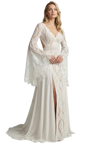 Ayervici Lace Wedding Dress Bell Sleeve Slit Boho Bridal Gown AY34,US14