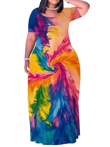 Plus Size Summer Dresses for Women Rainbow Tie Dye Short Sleeve Maxi Dress