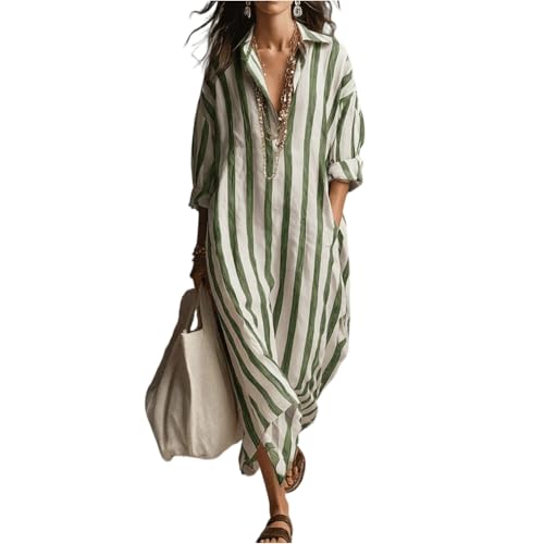 IXPZDDU Womens Striped Shirt Maxi Dress Oversizesd V-Neck Long Sleeve Kaftan Beach Dress Cover-Up Loungewear with Pockets