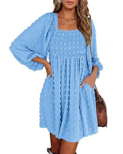 BTFBM Women's Mini Smocked Wedding Guest Dress,Swiss Dot Blue,XXL