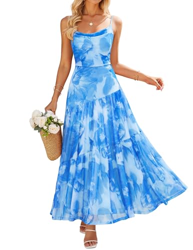 ZESICA Women's Summer Mesh Floral Sleeveless Wedding Guest Dress Blue M