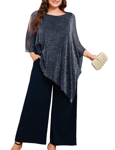 ZOMVA Plus Size Mother of the Bride Pant Suits Dressy 2 Piece Asymmetric Cape Set with Pockets Wedding Guest Outfit, Sparkly Navy, 1X