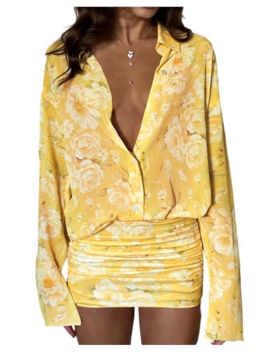 GORGLITTER Women's Sheer Going Out Dresses Mesh Long Sleeve Button Up Dress