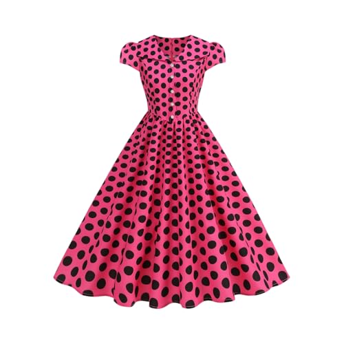 Women Peter Pan Collar Short Sleeve Dress 1950s Retro Style Rockabilly Dress Polka Dot Vintage Swing Dress(1-Hot Pink,X-Large)