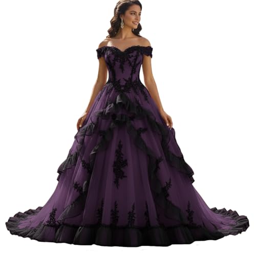 Lemai Off the Shoulder Black Lace Gothic Wedding Dress with Ruffles for Women Long Princess Ball Gown Prom Quinceanera Dress Dusty Purple Plus Size 16W