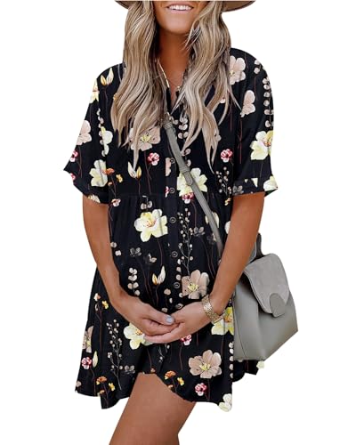 PYGFEMR Women's Short Sleeve Babydoll Dress Button Down Dresses, Flower Black L