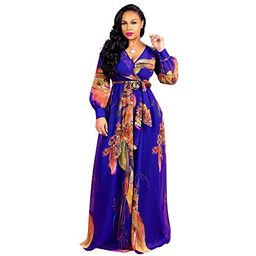 Nuofengkudu Womens See-Through Deep V Neck Printed Floral Maxi Dress Lining Dresses Hem High Waisted Plus Size (Deepblue) L