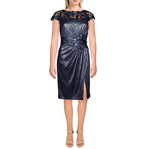Tadashi Shoji Women's C/S Metallic Pintuck Dress W/Sequin LACE Neckline and Split, Midnight