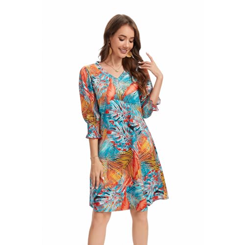 AayDon Women's Tropical Print V Neck 3/4 Ruffle Sleeve Swing Dress with Pockets Casual Summer Beach Midi Dresses,XX-Large