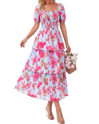 BTFBM Womens Floral Smocked Summer Maxi Dresses,Floral Light Blue Pink,M