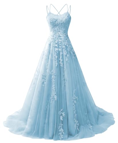 Flowy Tulle Light Blue Ball Gown Prom Dresses for Women Long Spaghetti Strap Lace Applique Formal Evening Gown XS US2