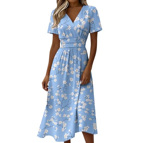Summer Dresses for Women 2026 Floral Casual V Neck Empire Waist Slim Fit A Line Beach Vacation Wedding Guest Dress(4-Sky Blue,XXXL)