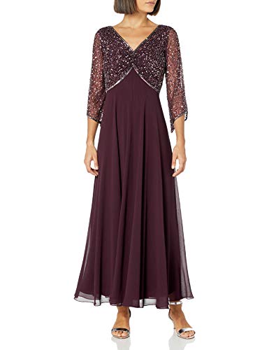 J Kara Women's Petite Petite 3/4 Sleeve V- Neck Beaded Top Long Gown Dress, Wine/Mercury, 8P