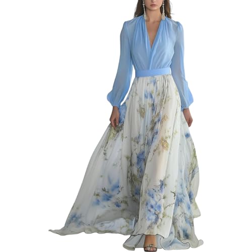 Women's Long Sleeve Floral Boho Empire Waist Maxi Wedding Guest Dress Blue