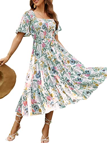 Amegoya Women's Boho Summer Floral Midi Dress Flowy Tiered Flutter Sleeve Square Neck Smocked Peasant Dress (Flower L)
