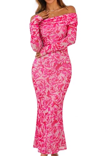 MEROKEETY Womens Fall Off Shoulder Floral Maxi Dresses, Pink, Medium