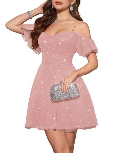 Meetjen Womens Sparkly Modest Short Homecoming Dress Teens, Pink, M