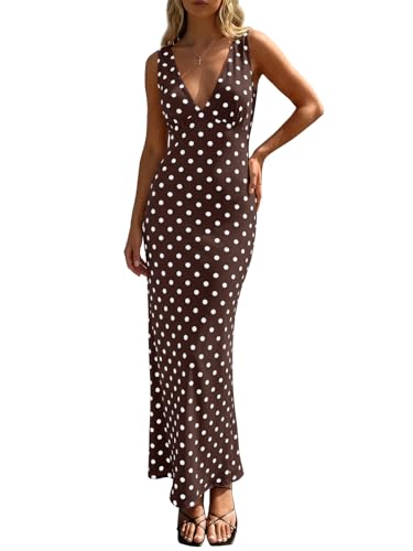 Wenrine Womens Summer Polka Dot Maxi Dress Mesh V Neck Wedding Guest Dress