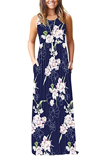 MOLERANI Women's Loose Plain Maxi Dresses Casual Long Dresses with Pockets,Navy Blue Flower,M