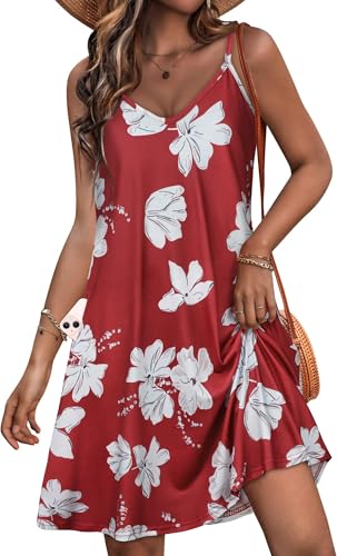 Womens Spaghetti Strap Dress Summer Beach Sundresses, Red White Flower, XL