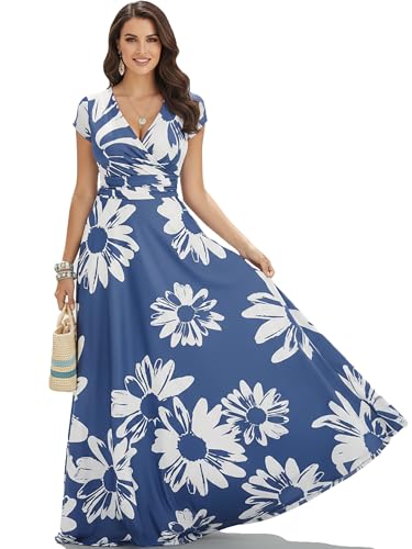 KOH KOH Plus Size Womens Long Flowy Modest V-Neck Short Cap Sleeve Casual Floor Length Floral Flower Print Summer Sundress A-line Maternity Tall Maxi Dress Gown, White & Blue Teal XL 14-16