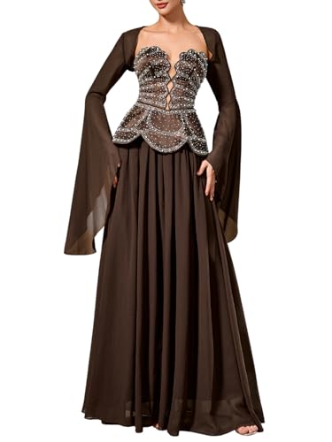 Women's 2 Piece Strapless Rhinestone Corset Maxi Prom Dress A Line Formal Evening Gowns with Sheer Bell Sleeves Brown