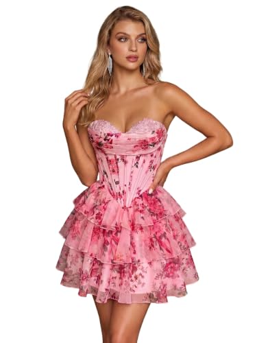 Uoirzue Women's Tiered Floral Print Homecoming Dresses 2026 Pink Corset DAMA Dress Size 2