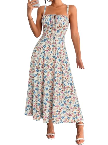 YATHON Summer Dresses for Women 2026 Vacation Milkmaid Spaghetti Strap Midi Corset Flowy Wedding Guest Beach Sun Dress (YT552-Beige Blue F,S)