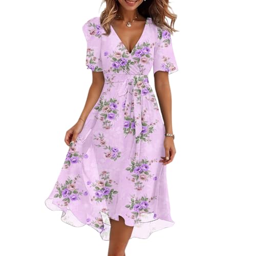 Summer Chiffon Midi Dress for Women Elegant Classy V Neck Dress Wedding Guest Floral Prom Cocktail Dresses Belt Pink