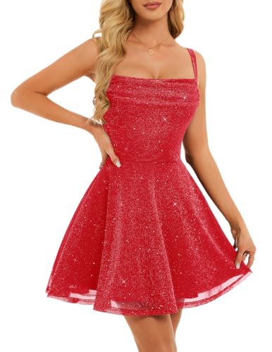 BeryLove Womens Sparkly Homecoming Cocktail Prom Sequin Dress Red M