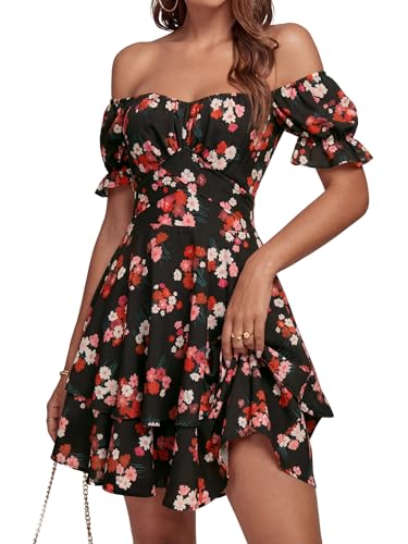 LYANER Women's Off Shoulder Casual Dress Flower Black Large