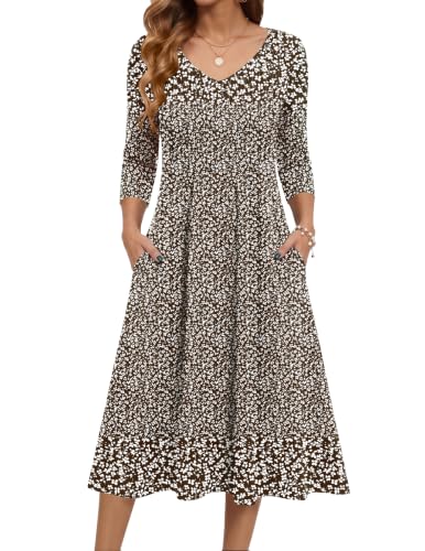 Zeagoo Floral Midi T Shirt Dress Pockets Empire Waist 3/4 Sleeve Dress