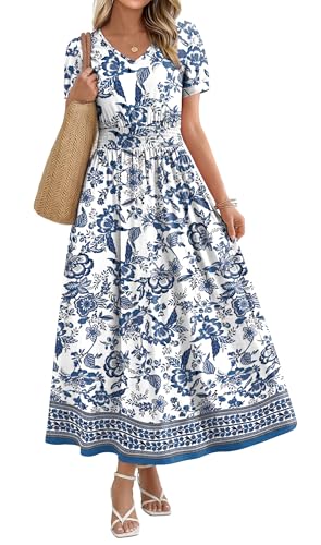 OFEEFAN Plus Size Floral Maxi Dress for Women Ladies Summer Midi Sundresses Long Boho Dresses Spring Beach Vacation Outfits Fashion Clothing 2026 Trendy Resort Wear A Line Flowy Western Light Blue XL
