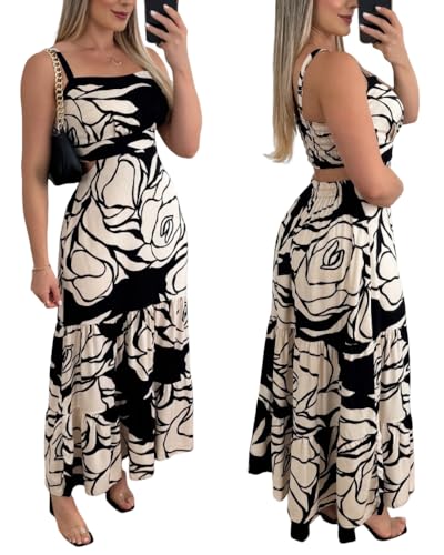 CHICME Womens Summer Dresses Cut Out Boho Maxi Sundress-Black-XL