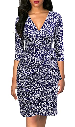 Berydress Women's Classic 3/4 Sleeve V Neck Sheath Casual Party Work Faux Black Wrap Dress (M, 6083-White Floral)